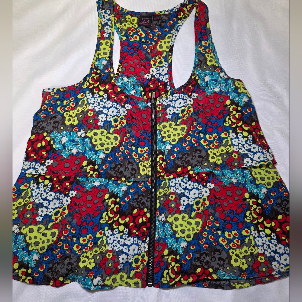 Material Girl Zippered Ruffle Layered Colorful Racerback Tank Top Shirt- Size Lg